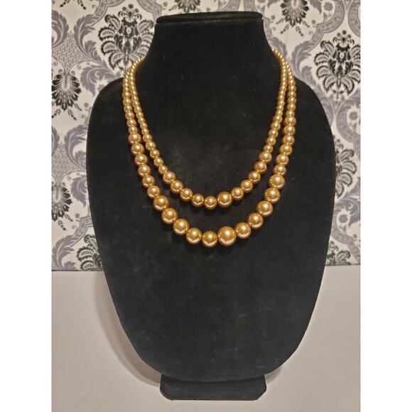 Pearl Necklace Faux Golden Tan 21" Double strand Necklace  3.2oz - Picture 1 of 3